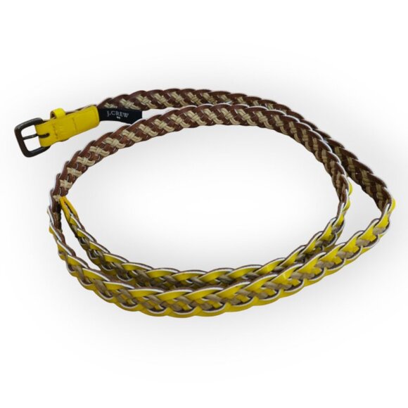 J. Crew Mustard Yellow & Tan Leather a Straw Antique Gold Buckle Skinny Belt S/M - Picture 2 of 6